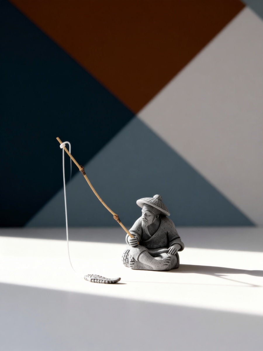 Bonsai Garden Landscape Design - Figura de pescador sentado pescando, hecha